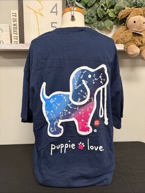 Puppie Love Navy Short Sleeve Tee with Blue-Pink Galaxy Dog Graphic